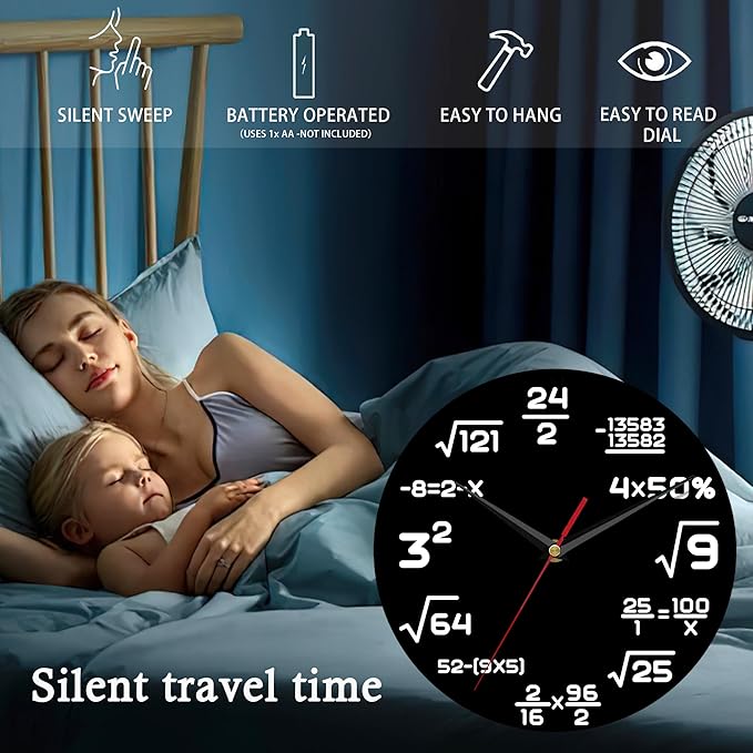 Wall Clock, 10 Inch Silent Non-Ticking Home Kitchen Decor, Battery Operated for Bathroom Bedroom Living Room Office(Simple Math Formula Markers)