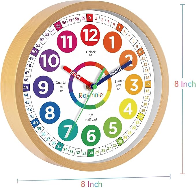 Wall Clock for Kids Learning to Tell Time Analog Non Ticking Battery Operated Kids Small Teaching Clock Silent Colorful Teaching Time Clock for Kids Room Classroom School(8 Inch)