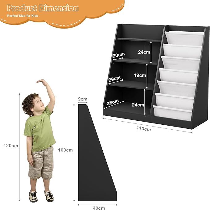 Black Kids Bookshelf Wood Toy Storage Organizer Cabinet Children Bookcase Toddler Baby Sling Book Rack Adjustable Shelf for Playroom Bedroom Nursery Hallway School Kindergarten