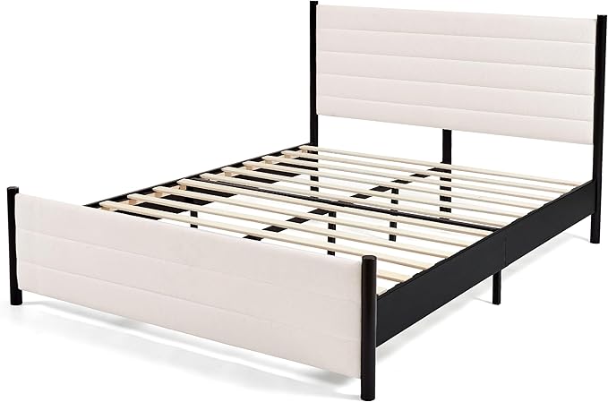 Hokway Bed Frame Upholstered Platform Bed with Headboard Wooden Slat Support No Box Spring Needed(Queen, Beige)