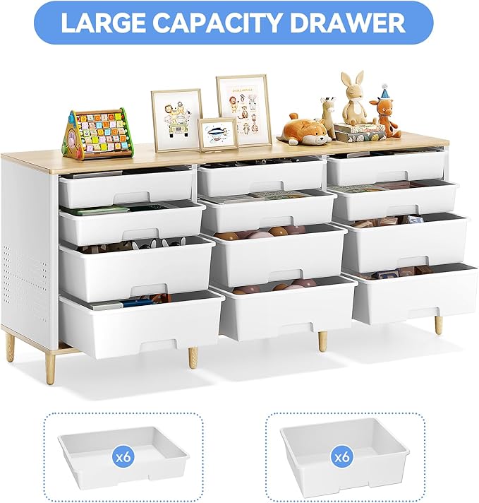 Storage Cabinet with 12 Drawers, Home Storage With Wooden Tabletop, Cube Storage Organizer for Living Room, Bedroom, Classroom, Office, Playroom, Craft Room, (White)