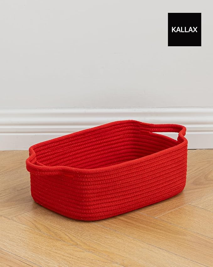 KALLAX Small Woven Basket, 12 x 8 x 4.5 Inches, Small Storage Baskets for Organizing, Gift Baskets Empty, Cute Rope Shelf Closet Storage Bins for Shelves, Dog Toy Basket, Red