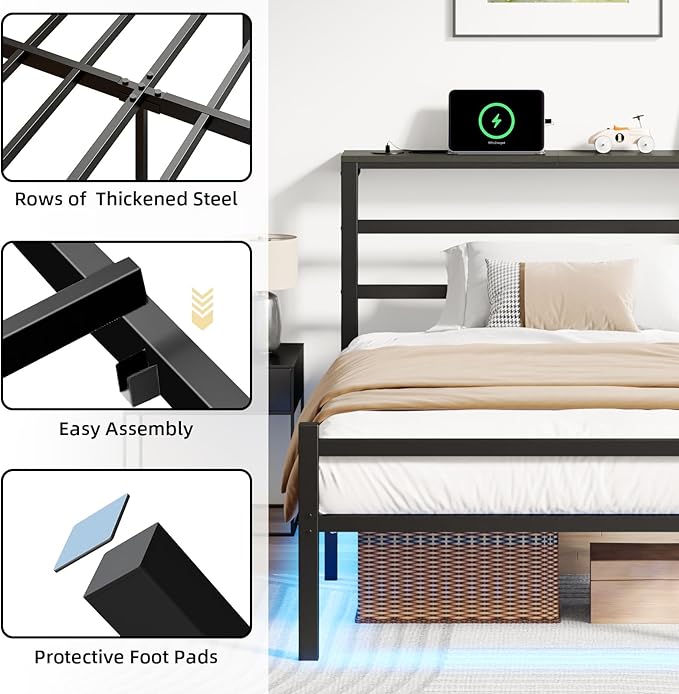Twin Size Bed Frame with LED Lights, Metal Platform Bed Frame with Storage Headboard, Modern Bed Frame with Charging Station, Heavy Duty Metal Slat, No Box Spring Needed, Easy Assembly, Black