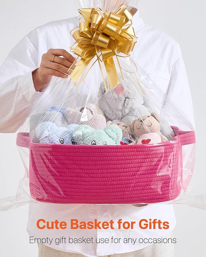 KALLAX Small Woven Basket, 14 x 10 x 5.6 Inches, Small Storage Baskets for Organizing, Gift Baskets Empty, Cute Rope Shelf Closet Storage Bins for Shelves, Dog Toy Basket, Hot Pink