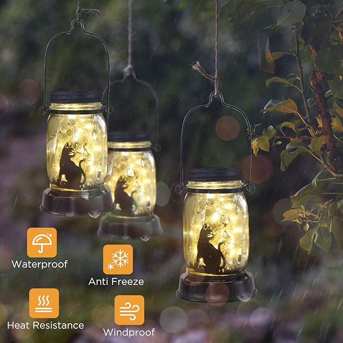 Styleonme Decor Mobile Outdoor Solar Lanterns, Cat & Butterfly Fairy Lights Theme Garden, Mason Jar Solar, Gifts for Mom, Grandma, Women, Everyone, Cat Themed Gifts, Garden Fence Patio Lawn Decor