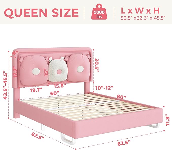 Queen Size Upholstered Bed Frame with LED Lights, Girls Bed with Adjustable Chic Double Headboard, Boucle Princess Platform Bed for Girls, Solid Wood Slats Support, No Box Spring Needed, Pink
