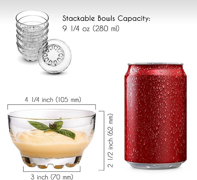 Volarium Glass Bowls Set for Kitchen Prep, Dessert, Snack, Fruit, or Nuts - 9.5 Ounce Capacity Dip Bowls, Set of 6, Premium Quality Clear