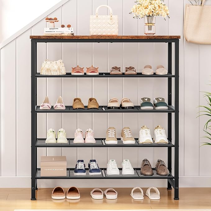 usikey 5-Tier Shoe Rack, Industrial Shoe Storage Organizer for 12-16 Pairs of Shoes, Metal Shoe Shelf with Wooden Top, Shoe Stand with 3 Metal Shelves for Entryway, Hallway, Closet, Rustic Brown
