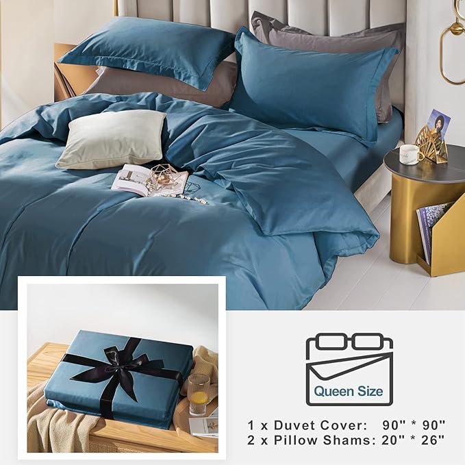 MILDLY 100% Long-Staple Cotton Duvet Cover Set Queen Size Teal Blue Comforter Cover Sets Ultra Soft Bedding Set 3 PCS with Zipper Closure & Corner Tie (No Comforter)