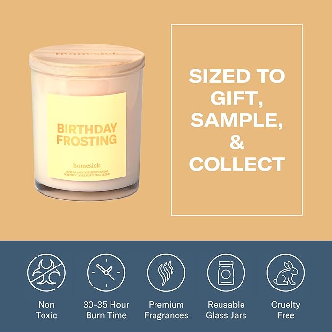 Homesick Scented Candles for Home (Birthday Frosting) - 7.5 oz Long-Lasting Natural Soy Wax Blend Jar Candle Gift for Women & Men, 30-35 Hours Burn Time - Notes of Orange Flower & Honey