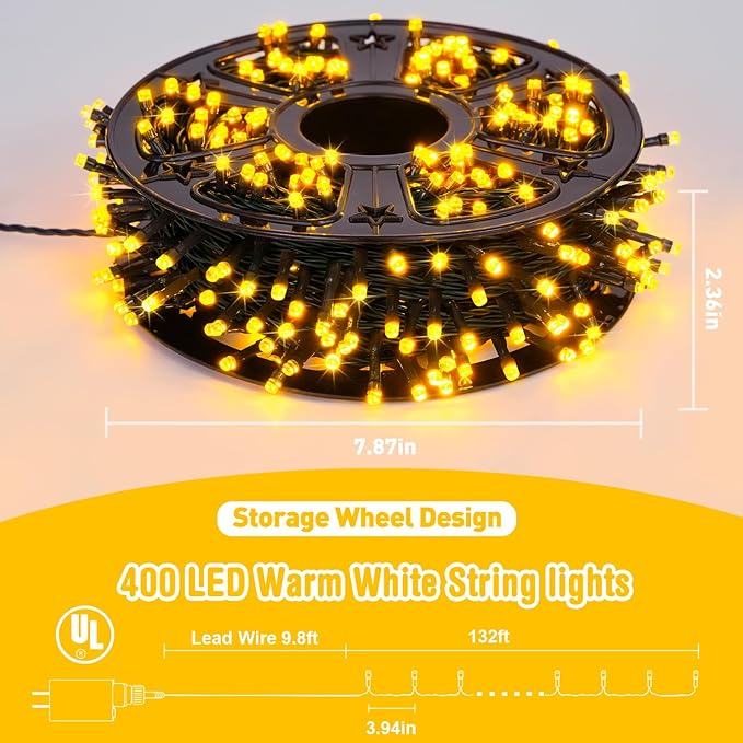 JMEXSUSS 400 LED String Lights for Outside, 132ft Warm White Twinkle Christmas Lights Plug in with Remote for Outdoor Indoor Garden Porch Wedding Tree Holiday Decor