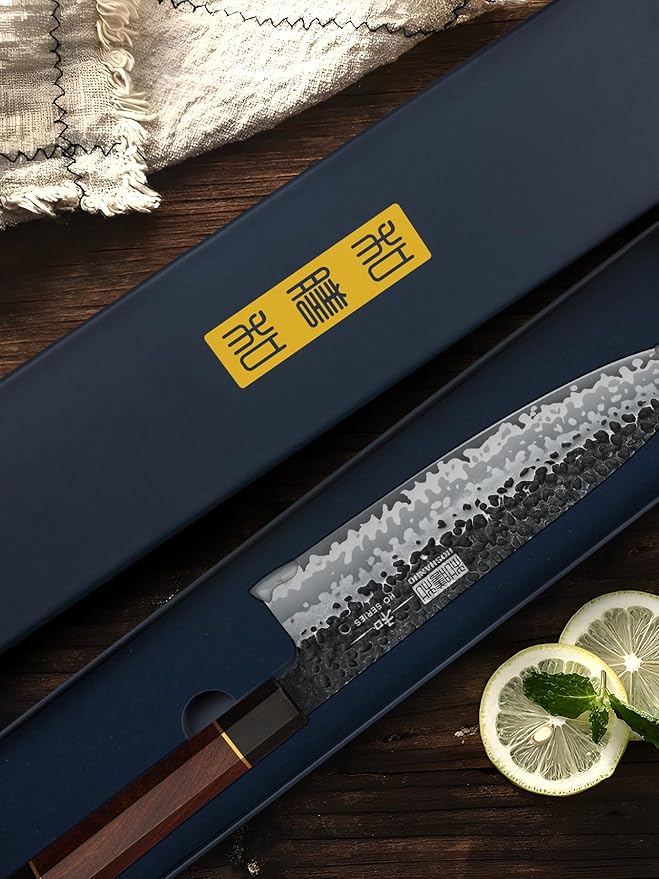 8 Inch Japanese Gyuto Chef Knife, 9 Layers 10Cr15CoMoV High Carbon Steel Kitchen Knife, Professional Hand Forged Cooking Knife with Ergonomic Rosewood Handle