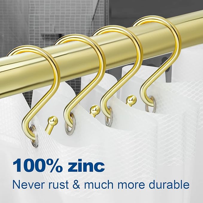 Shower Curtain Hooks Rings, Stainless Steel S Shaped Shower Hooks Rust Proof, Metal Shower Curtain Hangers for Shower Curtains, Kitchen, Wardrobe & Garden, Gold, Set of 12