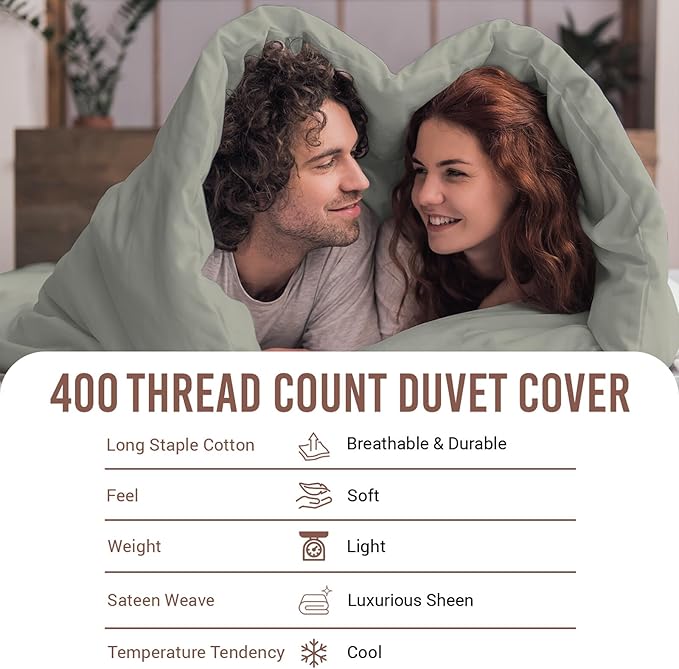 Pizuna Pure 100% Cotton Queen Duvet Cover Set, Luxurious 400 Thread Count Long Staple Cotton Sateen Weave with Button Closure (Combed Silver Cotton Duvet Cover Queen)