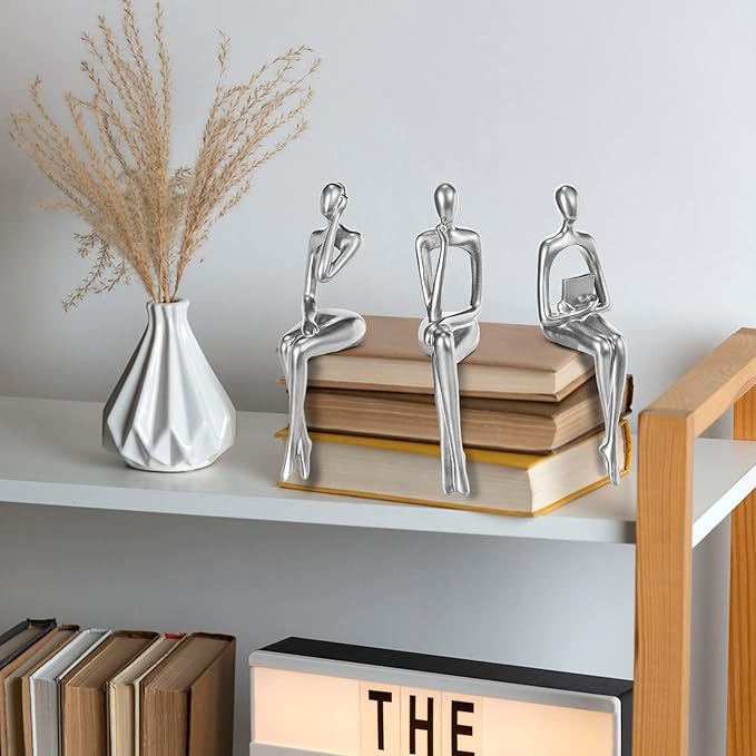 Thinker Statue Gold Decor Abstract Art Sculpture, Golden Resin Collectible Figurines for Home Living Room Office Shelf Decoration,Great Gifts Ideas (Sitting Posture-Silvery)