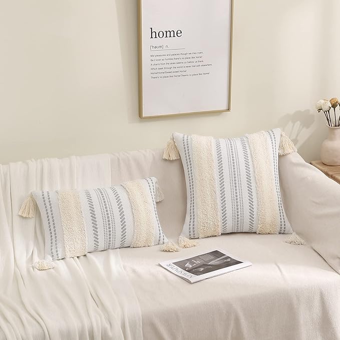 decorUhome Decorative Boho Throw Pillow Cover 18x18, Accent Neutral Textured Tufted Pillow Cover Striped for Couch Bed Sofa, Beige and Cream White, Pack of 1