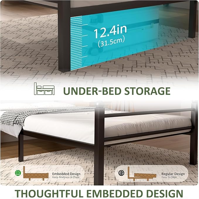 Twin Bed Frames with LED Lights & Charging Station - Metal Platform Bed Frame with Under Bed Storage - Heavy Duty Steel Slats/Upholstered Headboard/Noise-Free/No Box Spring Needed/Easy Assembly/Black