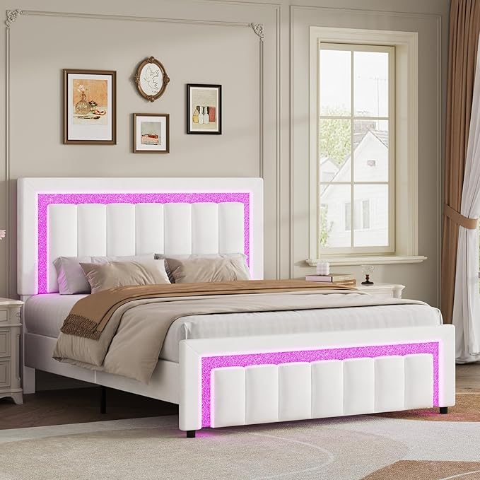 HOMBCK Full Size Bed Frame with LED Lights and Velvet Upholstered Headboard, Bed Frame Full with Modern Diamond Headboard Adjustable, Wooden Slats Support, Noise Free, No Box Spring Needed, White