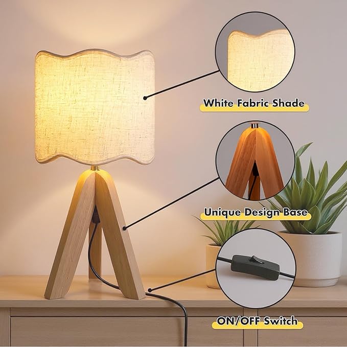 Hamilyeah Tripod Table Lamp with Wood Base, Bedside Lamp with Scalloped Fabric Linen Shade and On/Off Switch, Morden Nightstand Desk Lamp for Bedroom, Living Room, Kids Room, Office Dorm