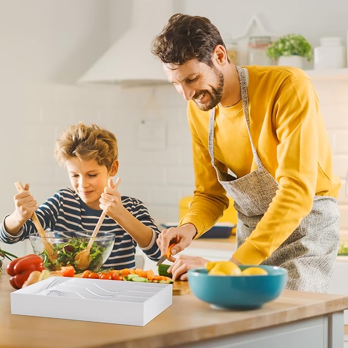 Bellsal White Utensil Organizer 10 Inch Silverware Tray for Drawer - 5 Compartment Small Narrow Bamboo