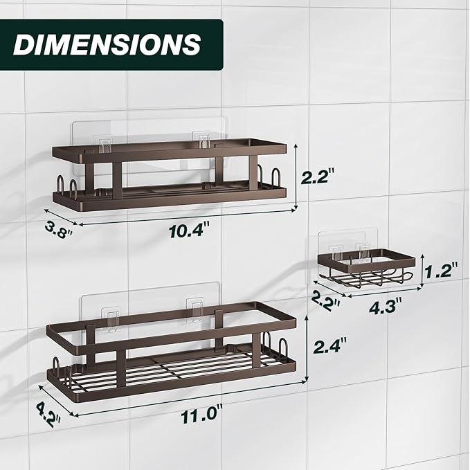Adhesive Shower Caddy,Shower Shelves with Soap Holder and 12 Hooks,Rustproof No Drilling Bathroom Organizer and Storage,Bronze,3 Pack