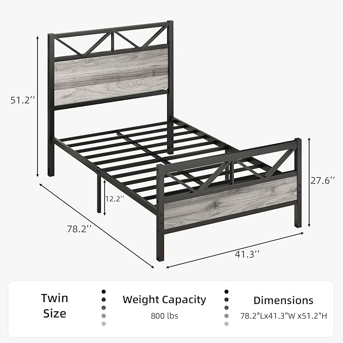 Twin Bed Frames, Bed Frame Twin Size with 51.2" Tall Industrial Headboard, Twin Platform Bed Frame with Heavy Duty Steel Slats Support, Noise Free, No Box Spring Needed, Easy Assembly, Rustic Brown