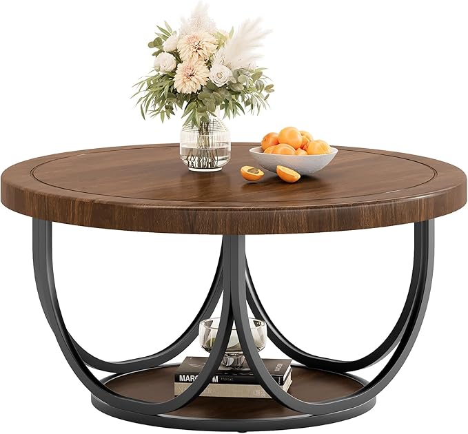 Tribesigns Round Coffee Table with 2 Tiers, 35.4" Wooden Circle Accent Cocktail Table with Storage Shelf and Metal Frame, Industrial Center Tables for Living Room, Brown & Black