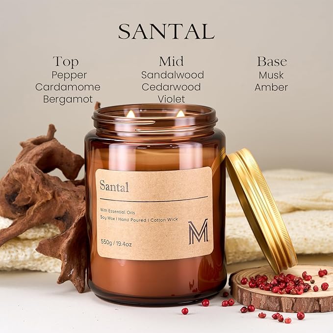 M&SENSE Santal Home Scented Candle | 19.4oz, 115-Hour Burn | Natural Organic Soy Wax | Long-Lasting for Stress Relief and Gifting | for Bedroom,Relaxing SPA,Office