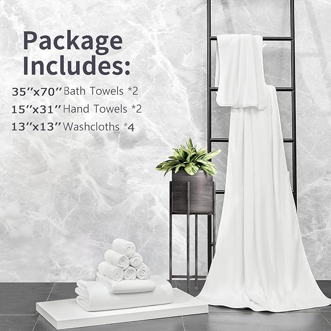 MINCHI 8 Piece Bath Towels Set, 600 GSM Absorbent Bathroom Towel for Home and Hotel Oversize Sheet Towel, 2 Large Bath Towels 35x70 inches, 2 Hand Towels,4 Wash Cloths, White