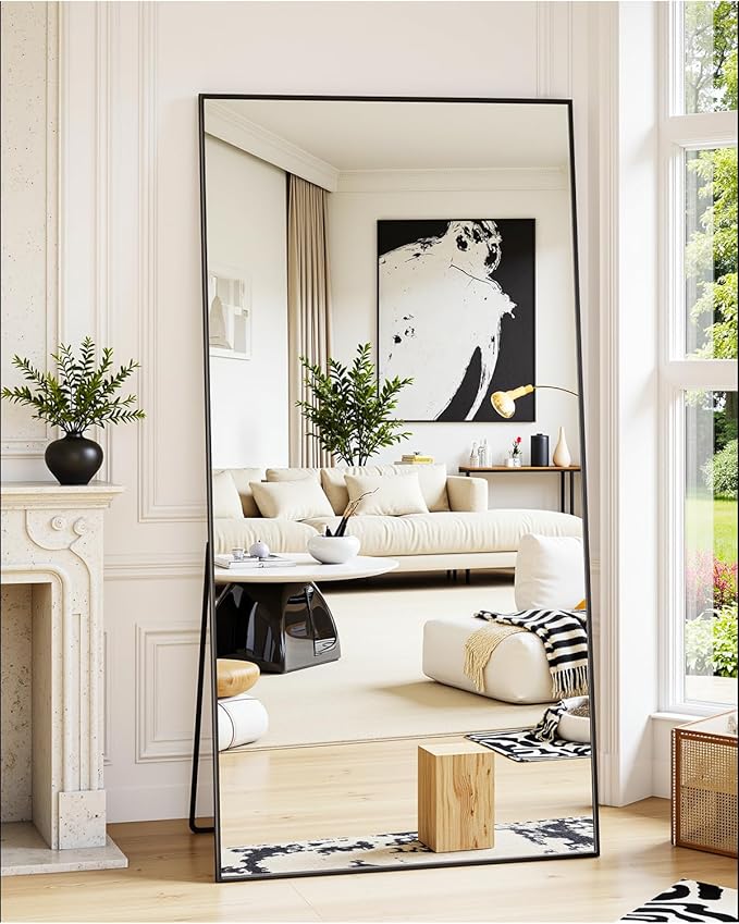 Suidia Full Length Mirror, 58"x21" Floor Standing Mirror Freestanding, Full Body Mirrors with Stand for Bedroom, Hanging Mounted for Living Room Cloakroom, Black, Rectangular Style