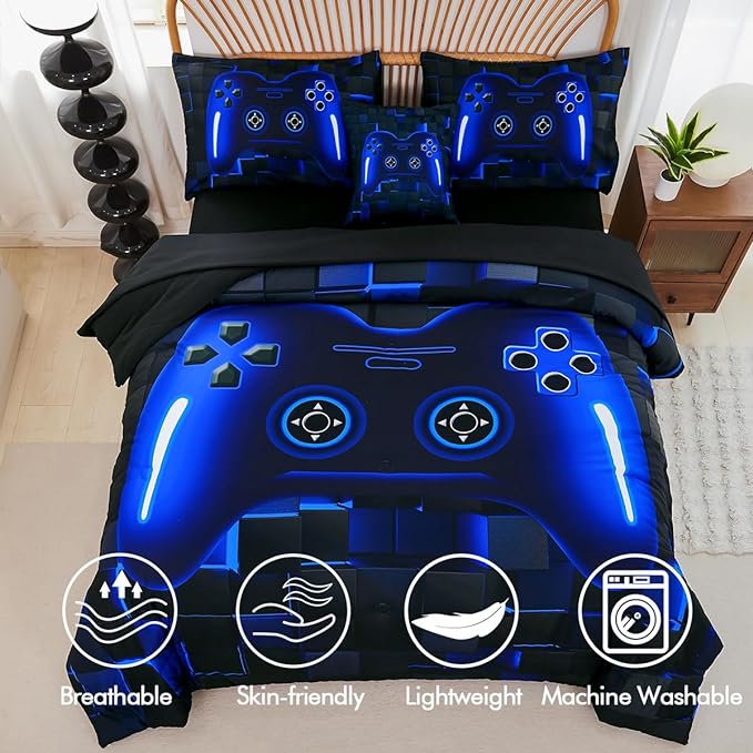 PERFEMET 6 Pieces Kids Game Comforter Set Full Size Blue Gamer Bedding Set for Boys Teen 3D Cool Black Video Gaming Bed in A Bag with Sheets(Blue, Full)