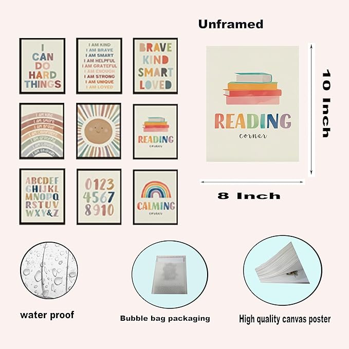 Baby Alphabet Wall Art Set of 9, 1 2 3 number Rainbow Canvas Posters Prints, Kids ABC Positive Affirmation Wall Decor Paintings for Kids Room Nursery Bedroom Home Decor 8x10In Unframed