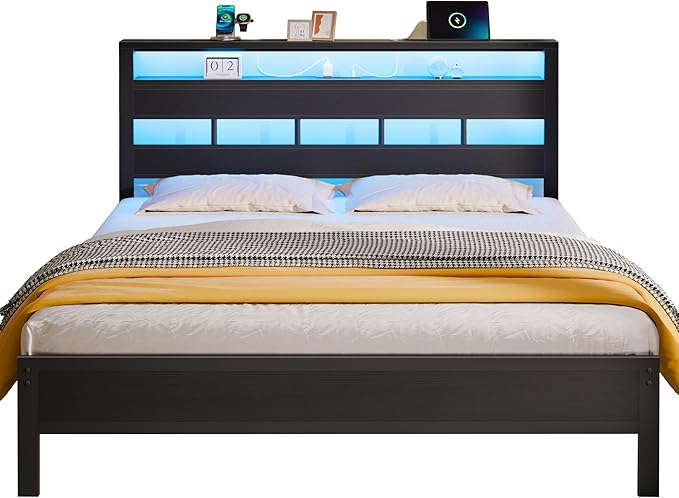 Furnulem Queen Bed Frame with Storage Headboard and LED Lights, Metal Bedframe with Charging Station and USB Port, Queen Size Platform Bed with Heavy Duty Slats, No Box Spring Needed, Black Oak