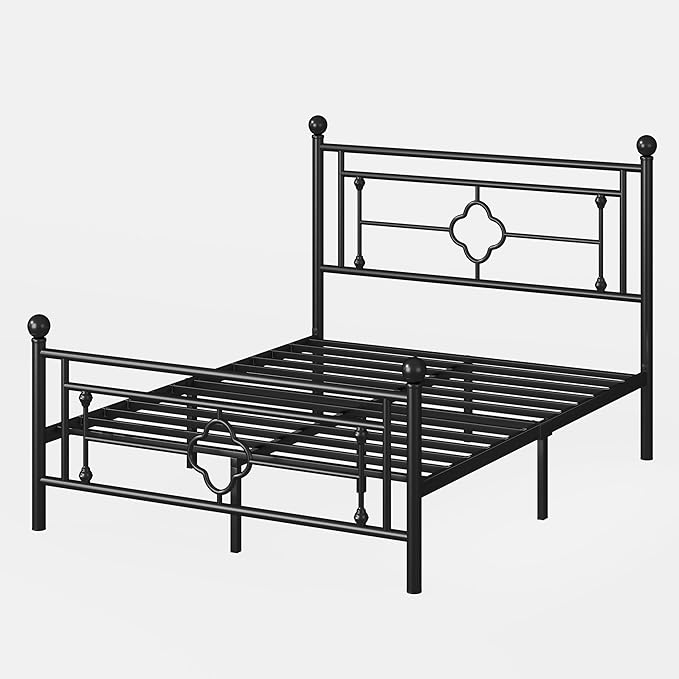 SHA CERLIN 14 Inches Full Size Metal Platform Bed Frame/Vintage Iron-Art Headboard and Footboard/Mattress Foundation for Storage/No Box Spring Needed/Noise-Free/Easy Assembly/Black
