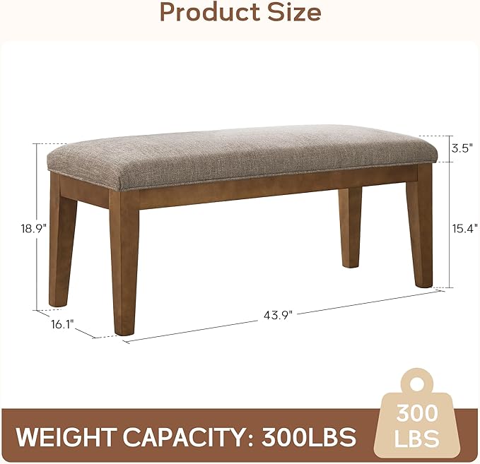 HUIMO Upholstered Entryway Bench, Bedroom Bench with Solid Wooden Legs, End of Bed Bench with Padded Seat for Living Room, Bedroom, Corners, Kitchen (Brown), 44*16*19, BEN1-2