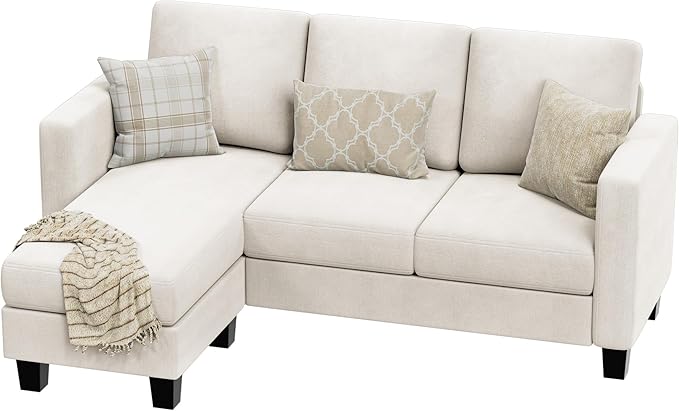 VICTONE Convertible Sectional Sofa Couch, 3 Seat L-Shaped Sofa with Linen Fabric Ottoman Small Couch for Small Apartments, Living Room and Office (Linen Fabric, White)