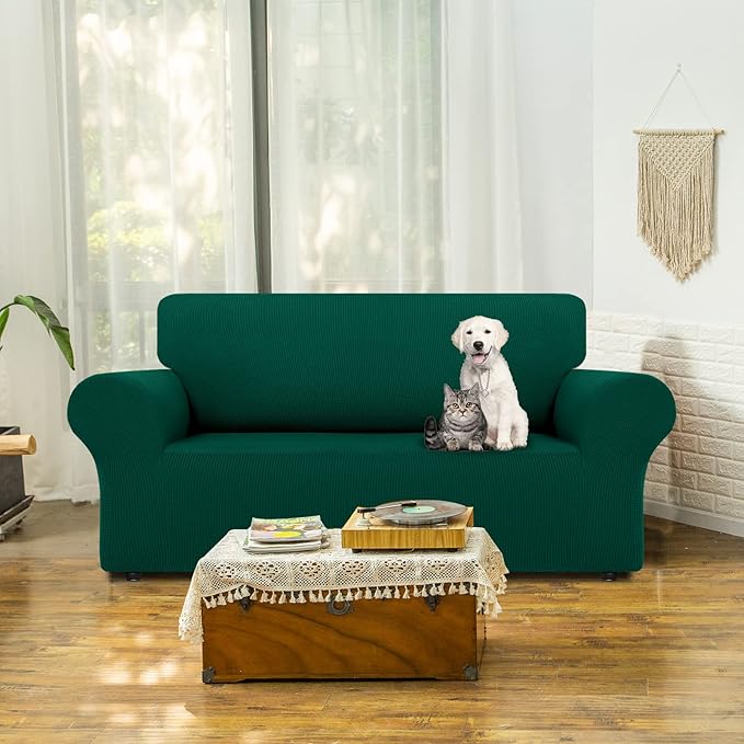LURKA Stretch Loveseat Sofa Slipcovers 1 Piece Couch Covers for Sofa Furniture Protector Full Sofa Covers with Elastic Bottom for Kids and Dog (Dark Green, Medium)