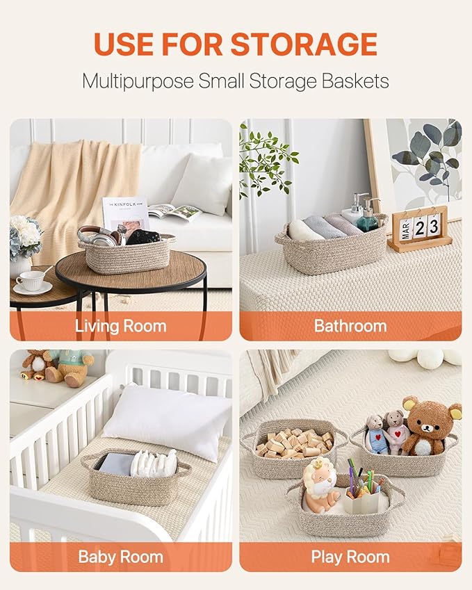 KALLAX Small Woven Basket, 12 x 8 x 4.5 Inches, Small Storage Baskets for Organizing, Gift Baskets Empty, Cute Rope Shelf Closet Storage Bins for Shelves, Dog Toy Basket, 3 Packs, Mixed Brown