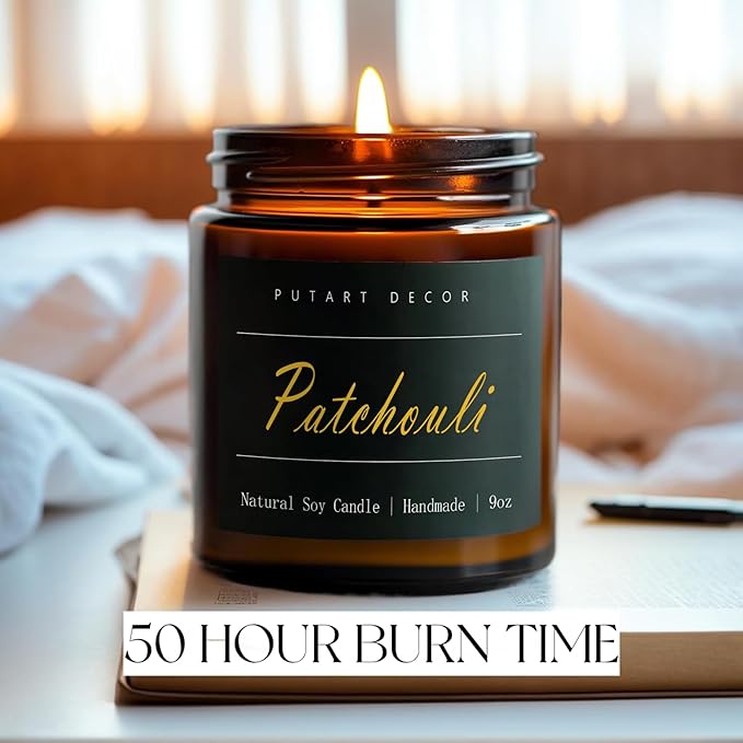 Patchouli Scented Candles for Home, 9oz Natural Soy Wax Aromatherapy Organic Santal Candle for Stress Relief, Long Burning & Lasting Jar Candle Gifts for Birthday, Housewarmings, Thanksgiving