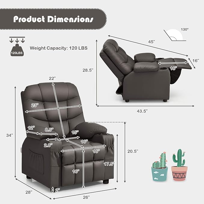 GLACER Kids Recliner Chair w/Cup Holder & Side Pockets, Children Recliner w/Comfortable Backrest, Armrests & Footrest, Toddler PU Leather Recliner for Boys Girls, 3+ Age Group (Brown)
