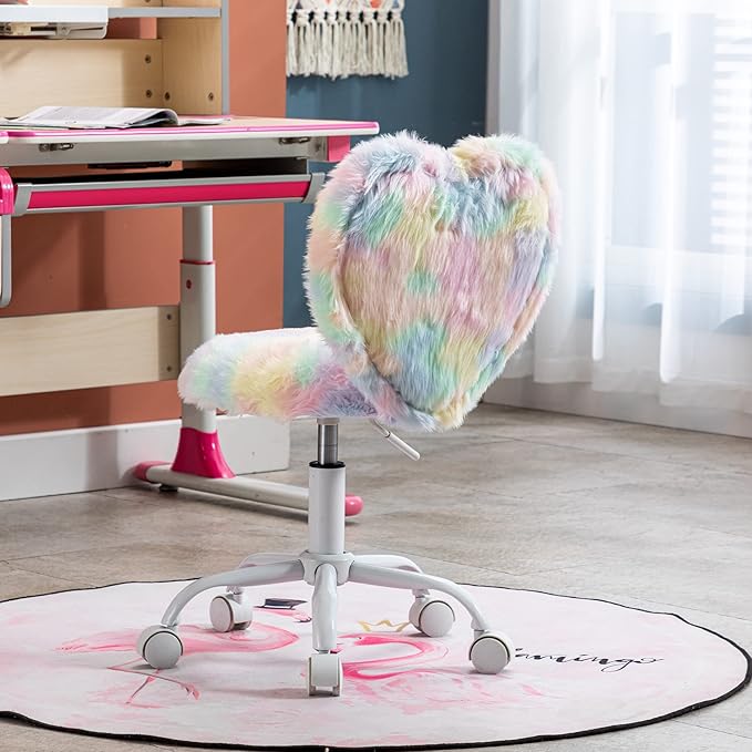 Cute Fuzzy Kids Chair Comfy Study Desk Chair Furry Studing Computer Task Chairs Faux Fur Swivel Vanity Chairs for Girls Bedroom, Multi-Color