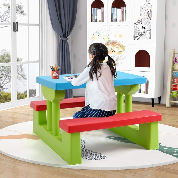 Kids Picnic Table, Toddler Picnic Table with Removable & Foldable Umbrella, Plastic Children Patio Furniture for Garden Backyard, Kids Outdoor Table, Red, Blue & Green