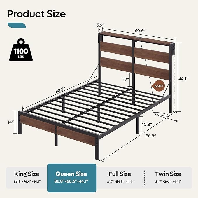 Bestier Queen Bed Frame with Storage Headboard and Charging Station, Walnut Platform Bed Frame with LED Light, Non-Slip Metal Bed Frame, Noise-Free, Easy Assembly,Walnut