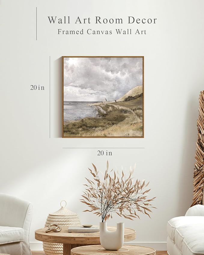 InSimSea Square Framed Canvas Wall Art, Large Decor Danish Coastal Landscape Paintings, Seaside Scenery Wall Pictures for Bedroom Living Room, Canvas Prints Artwork, Vintage Decor 20"x20"