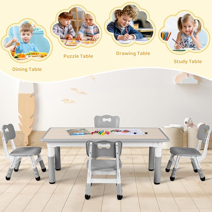 Arlopu Kids Table and 4 Chair Set, Height Adjustable Toddler Table and Chair Set, Non-Slip Legs, Graffiti Desktop, Large Children Activity Table, Reading Daycare Classroom Home (Grey)