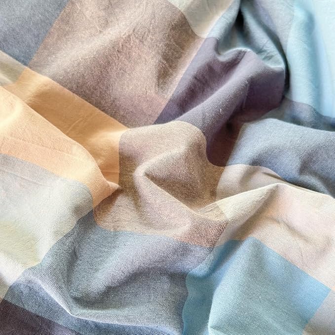 FACE TWO FACE Bedding Duvet Cover Set100% Washed Cotton Duvet Cover Linen Like Textured Breathable Durable Soft Comfy (Full, Cardamom Blue Grid)