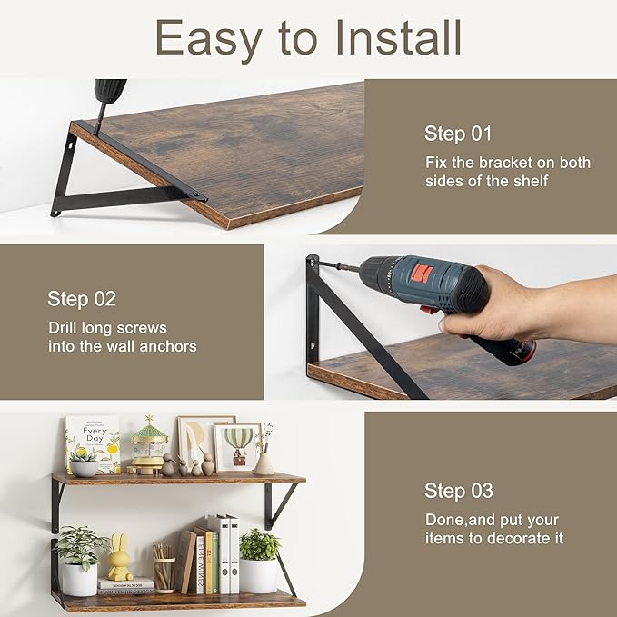 Fun Memories 40 Inch Floating Shelves, 12 Inch Deep Wall Shelf, 40 x 12 Floating Shelf Set of 2, Wood Floating Shelf Wall Mounted, Large Kitchen Living Room Bedroom Storage Shelves, Rustic Brown