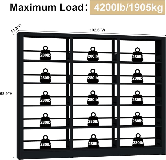 5-Tier Bookshelf, Black Bookshelf with Adjustable Storage Shelves, Freestanding Bookcases and Bookshelves, Wide Bookshelf for Home Office, Living Room, Bed Room, Including Book Stopper