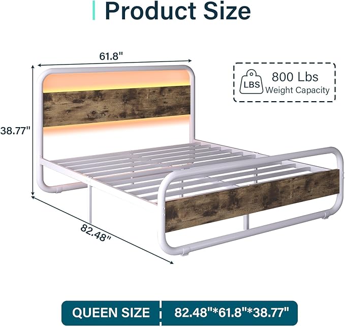 Catrimown Queen Size Bed Frame, Queen Bed Frame with Led Headboard, Metal Platform Bed Frame with 12" Under Bed Storage, Noise Free, No Box Spring Needed, White