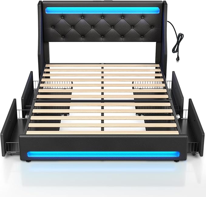 Rolanstar Full Bed Frame with LED Lights and Charging Station, PU Leather Bed with Drawers, Wooden Slats, Noise Free, Easy Assembly, Black